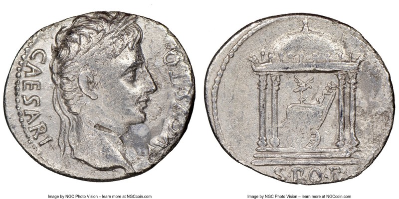 Augustus (27 BC-AD 14). AR denarius (21mm, 5h). NGC Fine, bankers mark, edge ben...