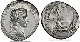 Augustus (27 BC-AD 14). AR denarius (19mm, 3.88 gm, 7h). NGC Choice AU 2/5 - 5/5, overstruck on brockage. Lugdunum, 2 BC-AD 4. CAESAR AVGVSTVS-DIVI F ...