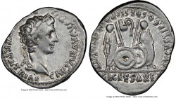 Augustus (27 BC-AD 14). AR denarius (21mm, 10h). NGC Choice VF. Lugdunum, 2 BC-AD 4. CAESAR AVGVSTVS-DIVI F PATER PATRIAE, laureate head of Augustus r...