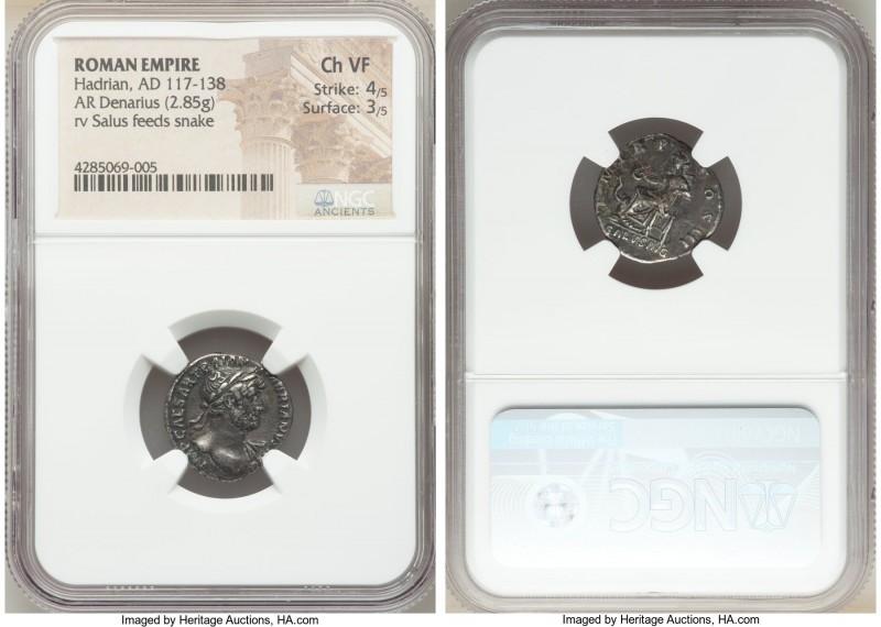 Hadrian (AD 117-138). AR denarius (18 mm, 2.85 gm, 7h). NGC Choice VF 4/5 - 3/5 ...