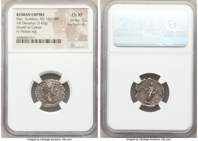 Marcus Aurelius, as Caesar (AD 161-180). AR denarius (18mm, 3.45 gm, 1h). NGC Ch...