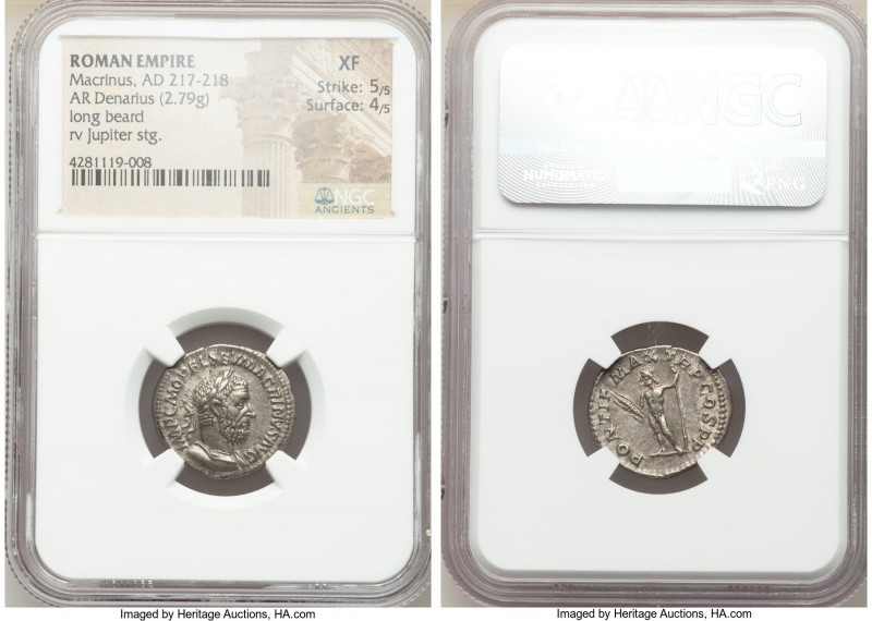 Macrinus (AD 217-218). AR denarius (20mm, 2.79 gm, 12h). NGC XF 5/5 - 4/5. Rome,...