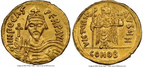 Phocas (AD 602-610). AV solidus (20mm, 7h). NGC AU. Constantinople, 8th officina, AD 607-609. d NN FOCAS-PЄRP AVG, crowned, draped and cuirassed bust ...