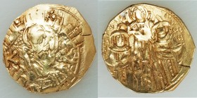 Andronicus II Palaeologus (AD 1282-1328), with Michael IX. AV/EL hyperpyron (21mm, 2.50 gm, 5h). XF, clipped. Constantinople, ca. AD 1294-1320. Half-l...