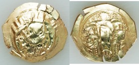 Andronicus II Palaeologus (AD 1282-1328), with Michael IX. AV/EL hyperpyron (26mm, 3.30 gm, 6h). MS, flan flaws. Constantinople, ca. AD 1294-1320. Hal...