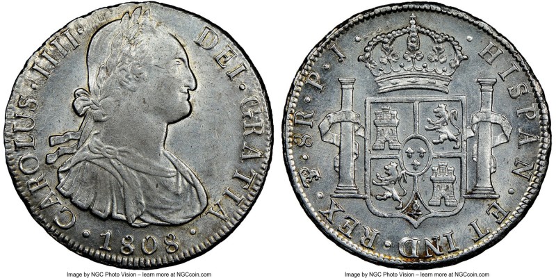 Charles IV 8 Reales 1808 PTS-PJ AU58 NGC, Potosi mint, KM73. Untoned and lustrou...