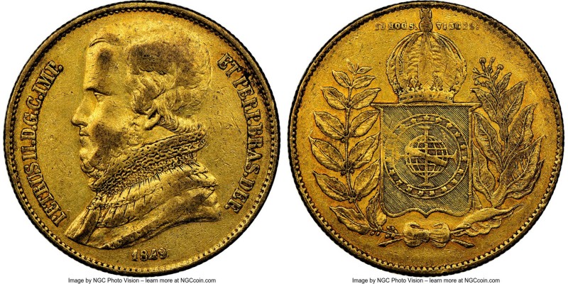 Pedro II gold 20000 Reis 1849 XF45 NGC, Rio de Janeiro mint, KM461. Mintage: 6,4...