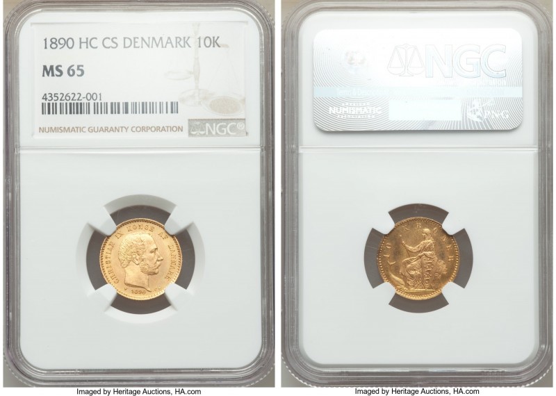 Christian IX gold 10 Kroner 1890 HC-CS MS65 NGC, Copenhagen mint, KM790.1. AGW 0...