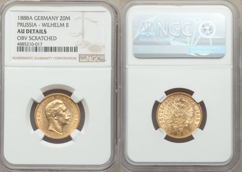 Prussia. Wilhelm II gold 20 Mark 1888-A AU Details (Obverse Scratched) NGC, Berl...