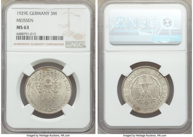 Weimar Republic Pair of Certified 3 Marks NGC, 1) "Meissen" 3 Mark 1929-E - MS63...