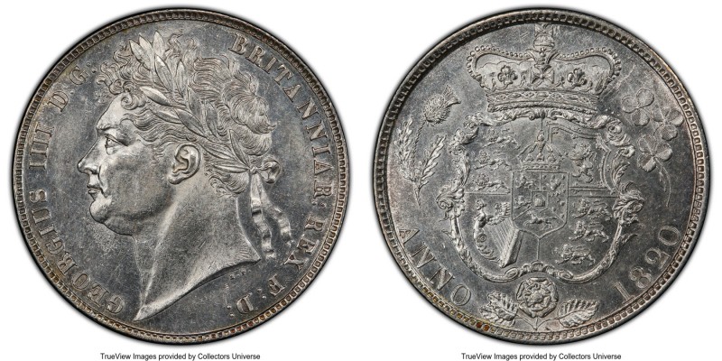 George IV 1/2 Crown 1820 AU58 PCGS, KM676, S-3807. Completely untoned and blast ...