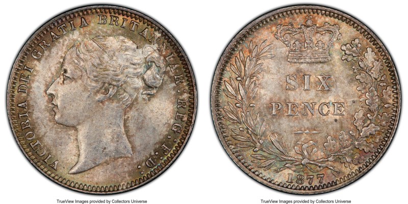 Victoria 6 Pence 1877 MS64 PCGS, KM751.1, S-3910. Die #34. Light toning and orig...