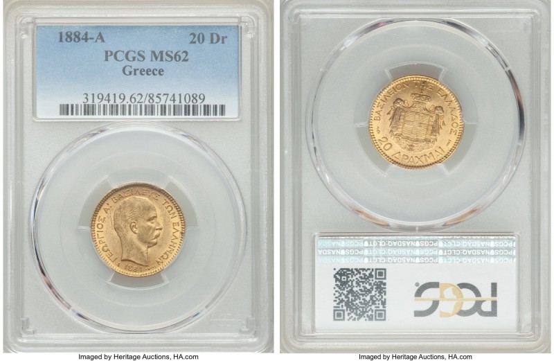 George I gold 20 Drachmai 1884-A MS62 PCGS, Paris mint, KM56. One year type. AGW...