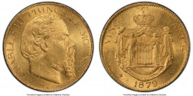 Charles III gold 20 Francs 1879-A MS63 PCGS, Paris mint, KM98. Two year type. Lamination on chin. AGW 0.1867 oz. 

HID09801242017

© 2020 Heritage Auc...