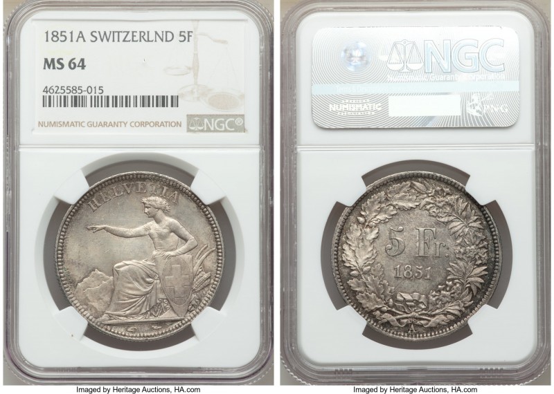 Confederation 5 Francs 1851-A MS64 NGC, Paris mint, KM11. Light gold and taupe-g...