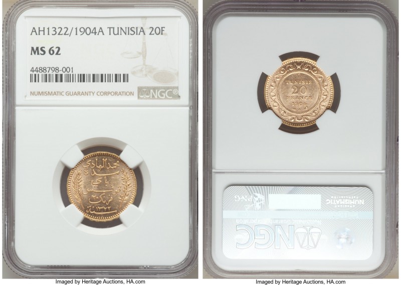 Muhammad al-Hadi Bey gold 20 Francs AH 1322 (1904)-A MS62 NGC, Paris mint, KM234...