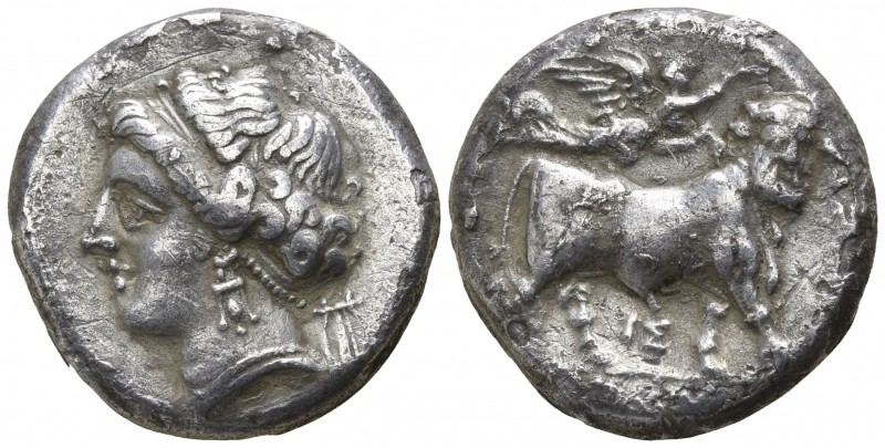 Campania. Neapolis 275-250 BC.
Nomos AR

17mm., 6,50g.

Head of nymph left;...