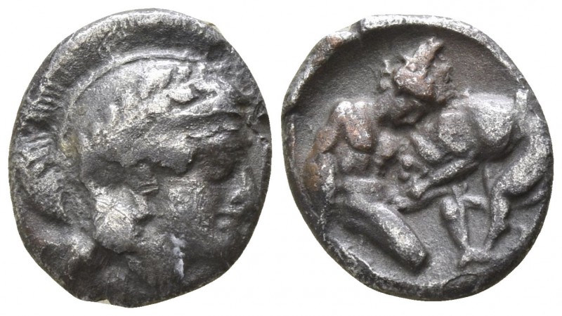 Calabria. Tarentum 380-344 BC.
Diobol AR

12mm., 1,22g.

Athena right, wear...