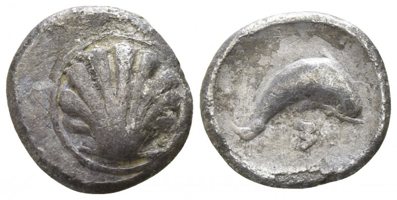 Calabria. Tarentum 325-280 BC.
Litra AR

10mm., 0,71g.

Cockle shell / Dolp...