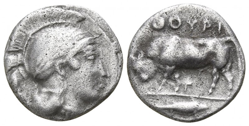 Lucania. Thurii circa 420 BC.
1/6 Stater AR

11mm., 1,16g.

Helmeted head o...