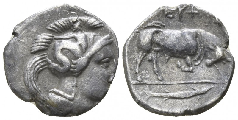 Lucania. Thurii 350-300 BC.
Diobol AR

11mm., 0,85g.

Head of Athena right,...