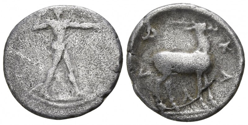 Bruttium. Kaulonia 475-425 BC.
1/6 Nomos AR

12mm., 1,12g.

Apollo, nude, a...