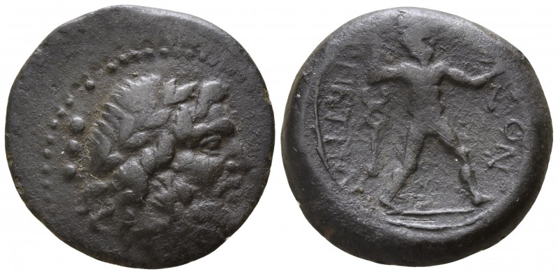 Bruttium. Petelia circa 215-210 BC.
Quadrans AE

17mm., 4,12g.

Laureate, b...