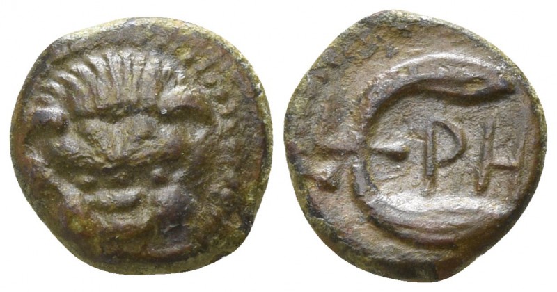Bruttium. Rhegion circa 425-420 BC.
Onkia AE

8mm., 0,64g.

Lion scalp / PH...