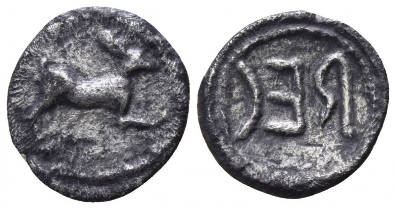 Bruttium. Rhegion 415-387 BC.
Litra AR

9mm., 0,38g.

Hare / REG (retrograd...