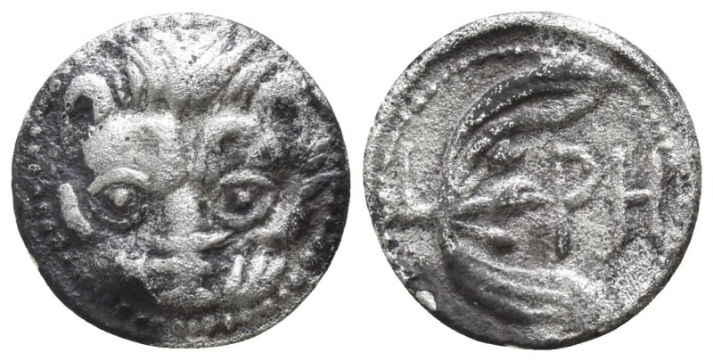 Bruttium. Rhegion 415-387 BC.
Litra AR

8mm., 0,68g.

Facing lion's head / ...