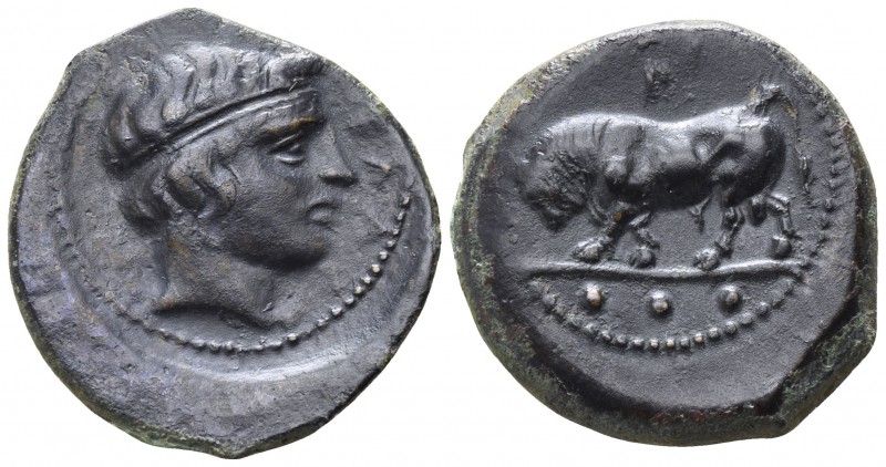 Sicily. Gela 420-405 BC.
Tetras AE

19mm., 4,14g.

Bull standing left; thre...