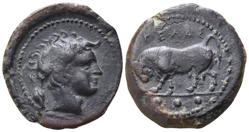 Sicily. Gela 420-405 BC.
Tetras AE

18mm., 3,59g.

Bull standing left; thre...