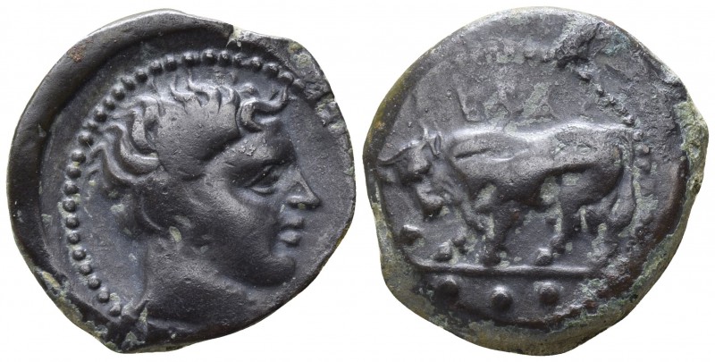 Sicily. Gela 420-405 BC.
Tetras AE

18mm., 4,21g.

Bull standing left; thre...