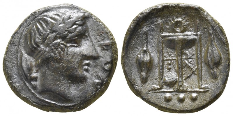 Sicily. Leontinoi 405-402 BC.
Tetras AE

14mm., 1,76g.

[Λ]ΕΟΝ, head of Apo...