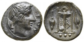 Sicily. Leontinoi 405-402 BC. Tetras AE