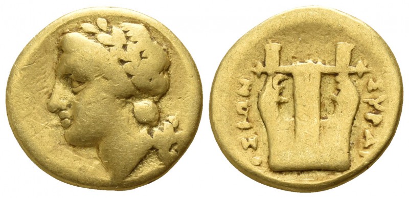 Sicily. Syracuse 317-289 BC.
1/4 Stater AV

11mm., 1,78g.

Laureate head of...