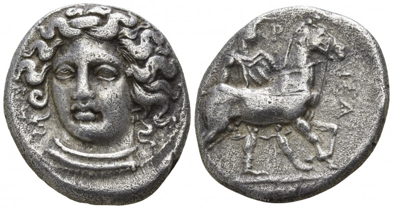 Thessaly. Larissa 380-365 BC.
Drachm AR

19mm., 5,75g.

Head of nymph Laris...