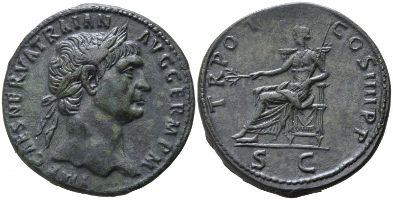 Trajan AD 98-117. Rome
Sestertius Æ

33mm., 26,98g.

IMP CAES NERVA TRAIAN ...