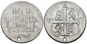 PERIODO DE INDEPENDENCIA. 4 Reales. (Ar. 9,90g/30mm). 1820. Caracas BS. (Cal-1028). MBC. Perforación. Muy Rara.