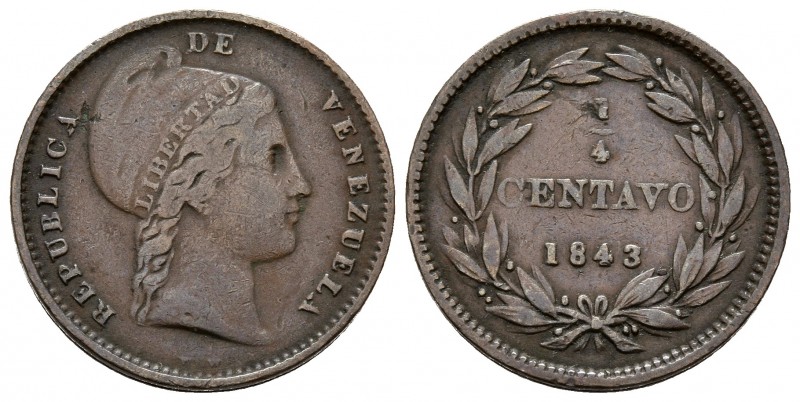 REPÚBLICA DE VENEZUELA. 1/4 Centavo. (Cu. 3,00g/19mm). 1843. Londres. (Km#Y3). M...