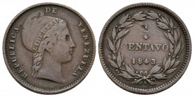 REPÚBLICA DE VENEZUELA. 1/4 Centavo. (Cu. 3,00g/19mm). 1843. Londres. (Km#Y3). MBC.