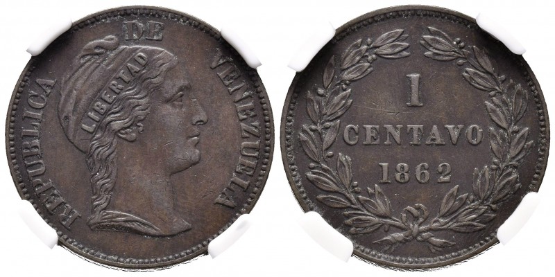 REPÚBLICA DE VENEZUELA. 1 Centavo. (Cu. 7,00g/25mm). 1862. Birmingham.(Km#Y7). H...