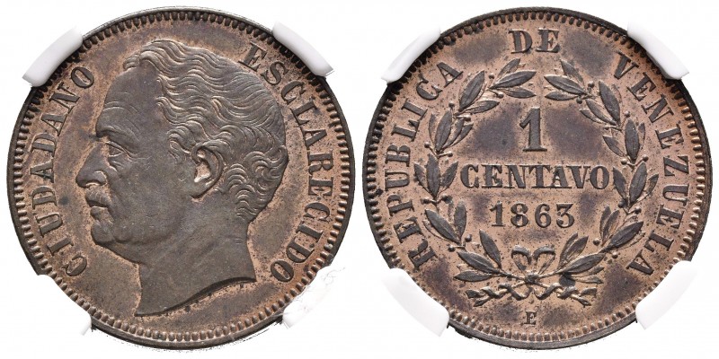 REPÚBLICA DE VENEZUELA. 1 Centavo. (Cu. 6,50g/25mm). 1863. París E. (Km#E1). Pru...