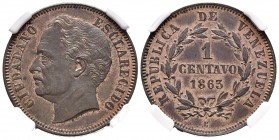 REPÚBLICA DE VENEZUELA. 1 Centavo. (Cu. 6,50g/25mm). 1863. París E. (Km#E1). Prueba. Encapsulado NGC PF-63. Rara y más en esta conservación.