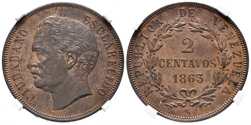 REPÚBLICA DE VENEZUELA. 2 Centavos. (Ae. 9,86g/30,35mm) 1863. París E. (Km#E2). ...