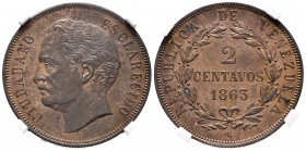 REPÚBLICA DE VENEZUELA. 2 Centavos. (Ae. 9,86g/30,35mm) 1863. París E. (Km#E2). Prueba. Encapsulado NGC PF-62. Rara y más en esta conservación.