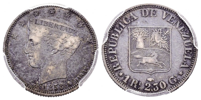 REPÚBLICA DE VENEZUELA. 1 Real. (Ar. 2,30g/18mm). 1858. París A. (Km#Y9). Encaps...