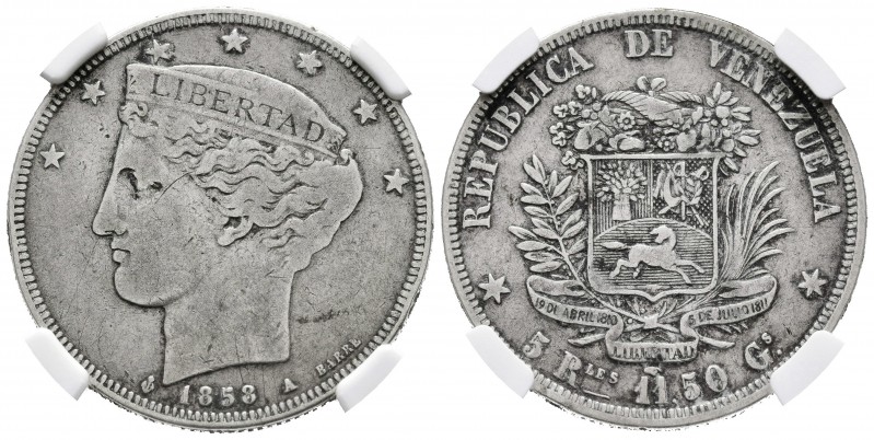 REPÚBLICA DE VENEZUELA. 5 Reales. (Ar. 11,50/30mm). 1858. París A. (Km#Y11). Enc...