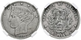 REPÚBLICA DE VENEZUELA. 5 Reales. (Ar. 11,50/30mm). 1858. París A. (Km#Y11). Encapsulado NGC VF-20.
