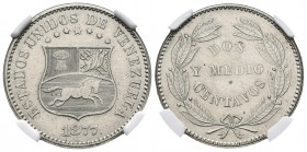 ESTADOS UNIDOS DE VENEZUELA. 2 1/2 Centavos. (Ni. 5,00g/23mm). 1877. (Km#Y26). Encapsulado NGC UNC Details. Limpiada.